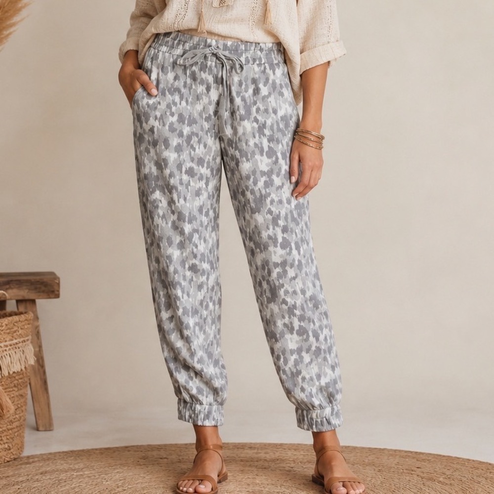 Cloth & Stone Gray Leopard Print Tencel Joggers Elastic Waist Pants L fashion b2